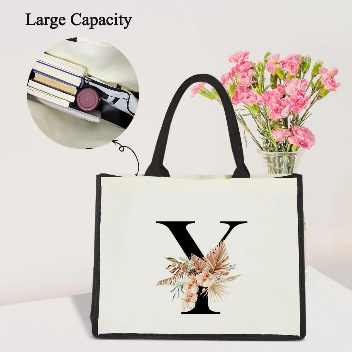 lamocho Monogram Initial Tote Bags for Women, Personalized Canvas Tote Bags Monogrammed Gifts for Women, Flower Tote Bag