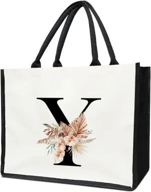 lamocho Monogram Initial Tote Bags for Women, Personalized Canvas Tote Bags Monogrammed Gifts for Women, Flower Tote Bag