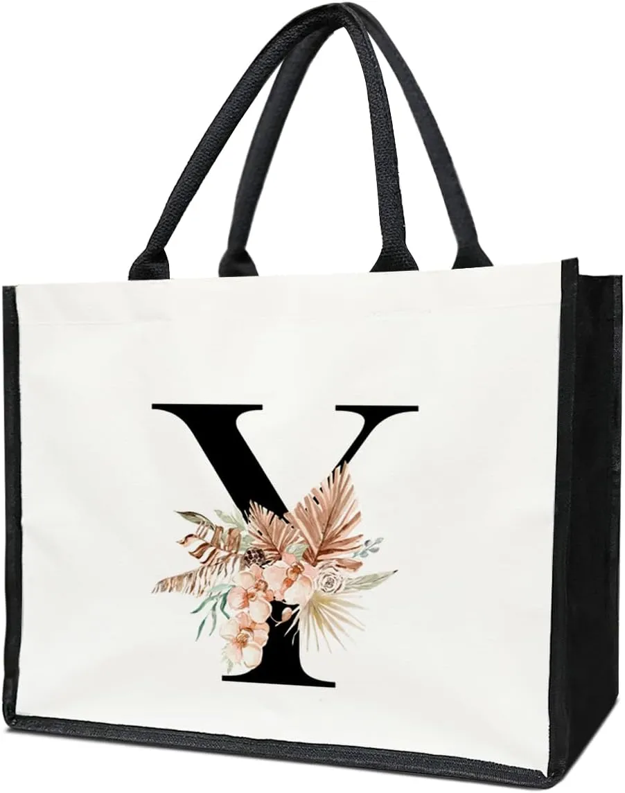 lamocho Monogram Initial Tote Bags for Women, Personalized Canvas Tote Bags Monogrammed Gifts for Women, Flower Tote Bag