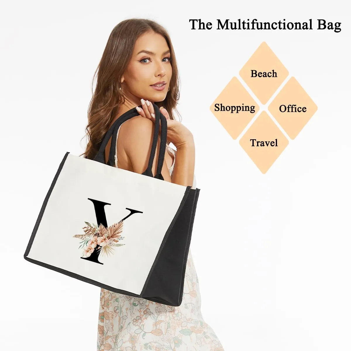 lamocho Monogram Initial Tote Bags for Women, Personalized Canvas Tote Bags Monogrammed Gifts for Women, Flower Tote Bag