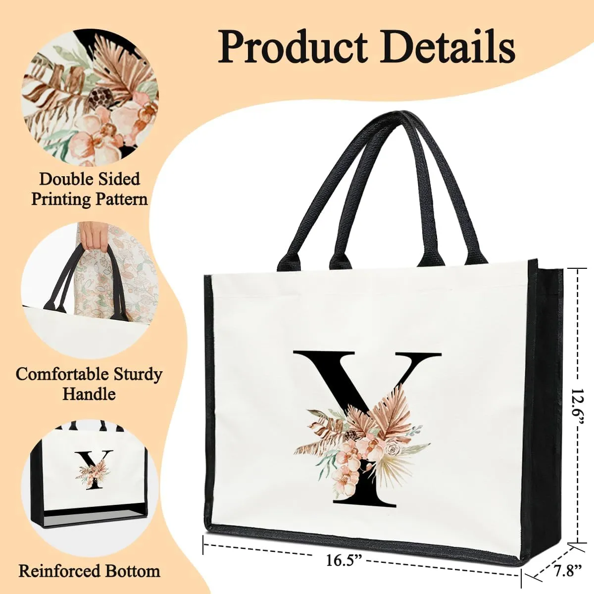 lamocho Monogram Initial Tote Bags for Women, Personalized Canvas Tote Bags Monogrammed Gifts for Women, Flower Tote Bag