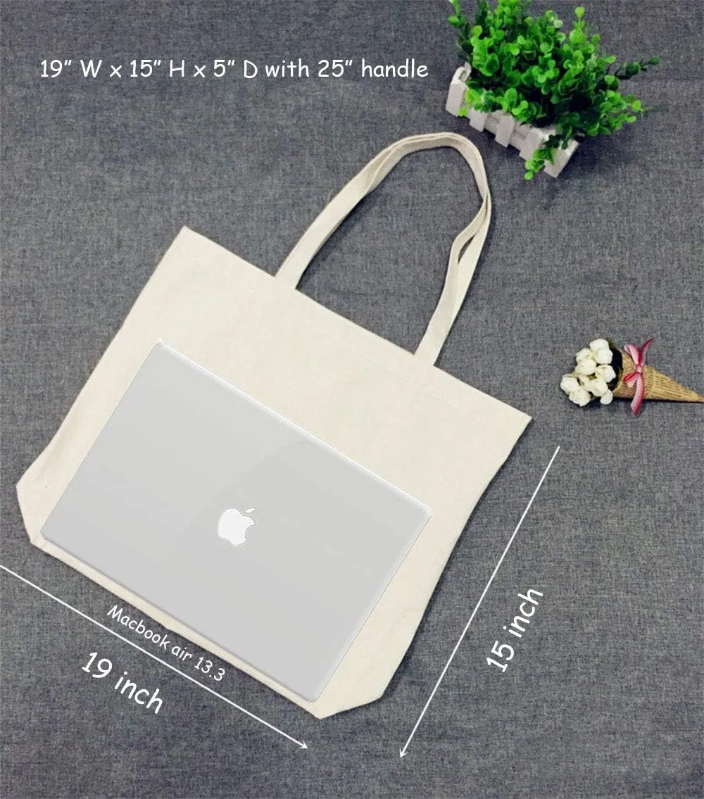 Large Canvas Tote Bag with Zipper, 19 x15 inch 12oz Natural Cotton Heavy DIY Tote for Crafting, Ironing and Embroidering, Reusable Grocery Shopping Bag (1 Pack)