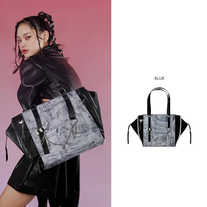 Large-capacity denim print tote bag