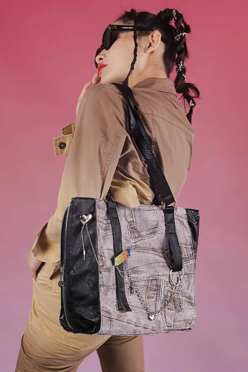 Large-capacity denim print tote bag