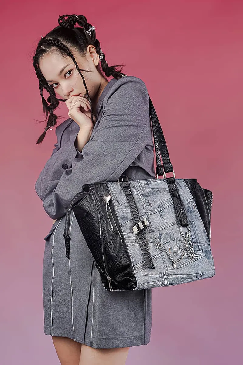 Large-capacity denim print tote bag