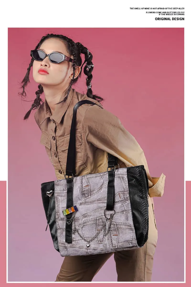 Large-capacity denim print tote bag