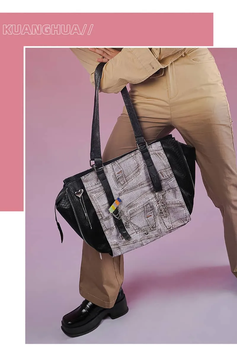 Large-capacity denim print tote bag
