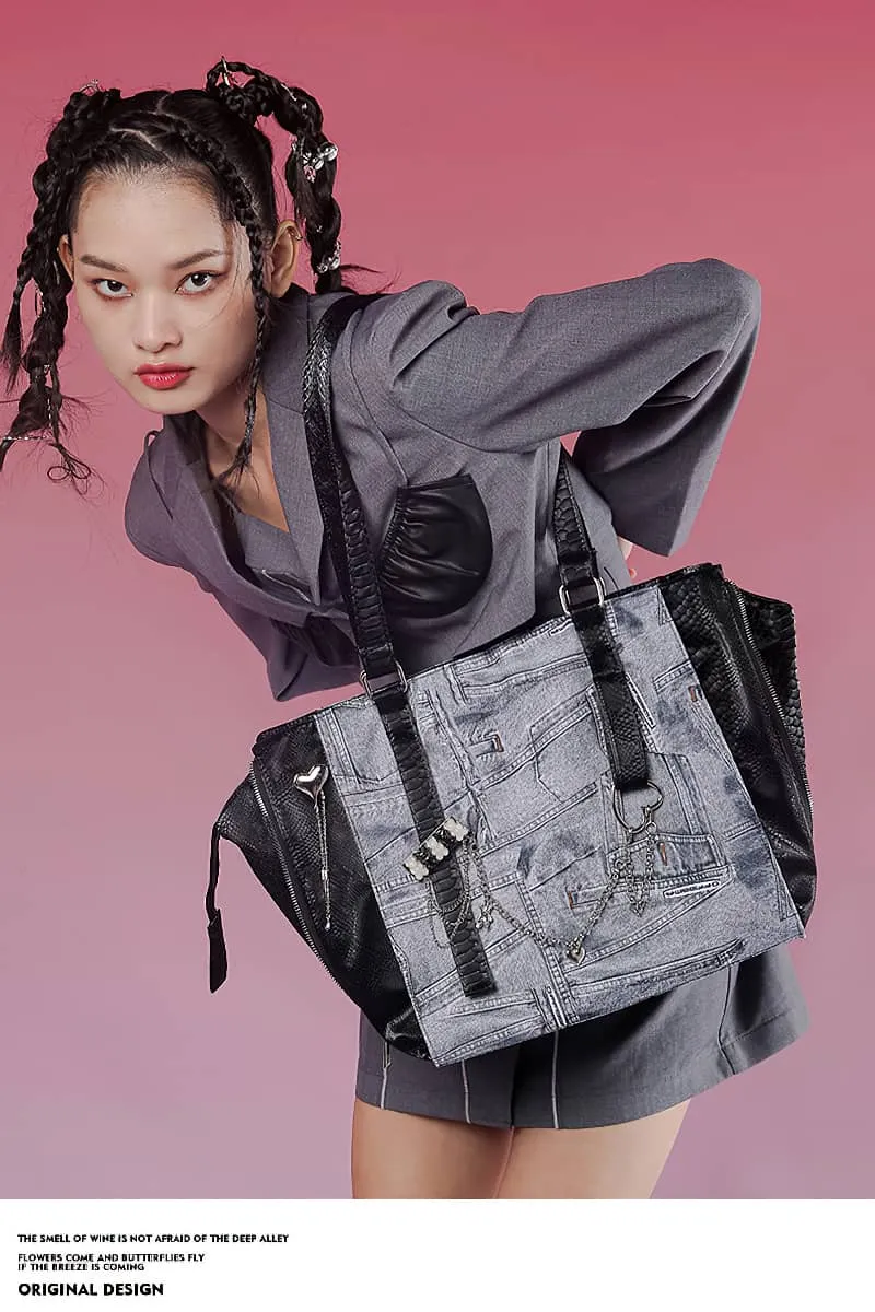 Large-capacity denim print tote bag
