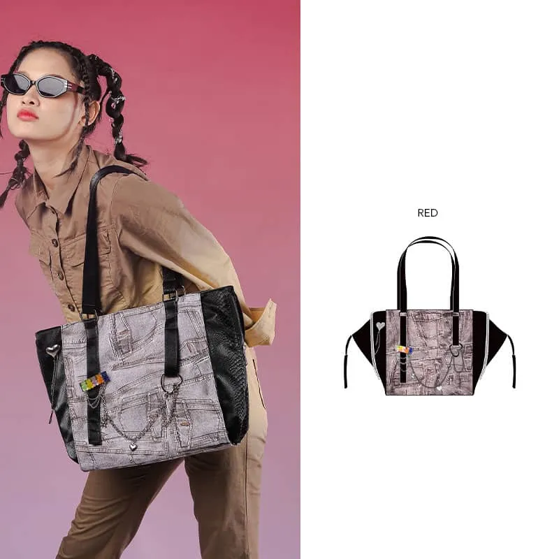 Large-capacity denim print tote bag