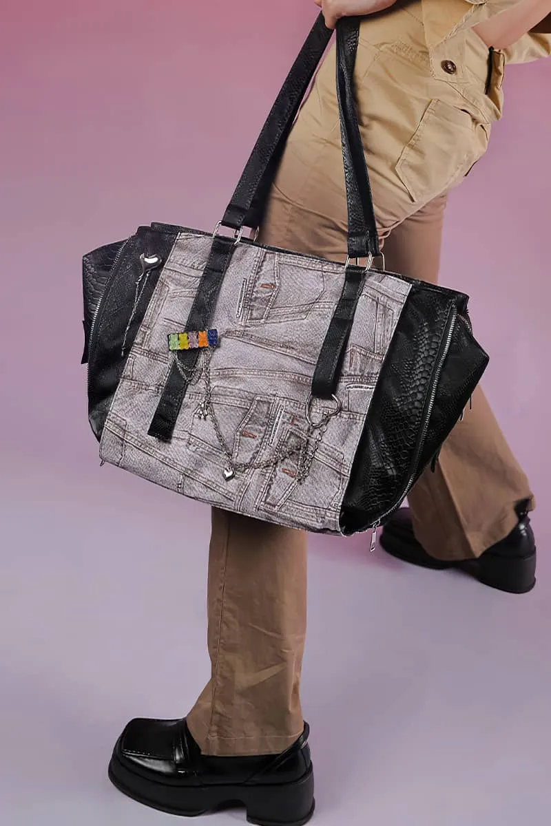 Large-capacity denim print tote bag