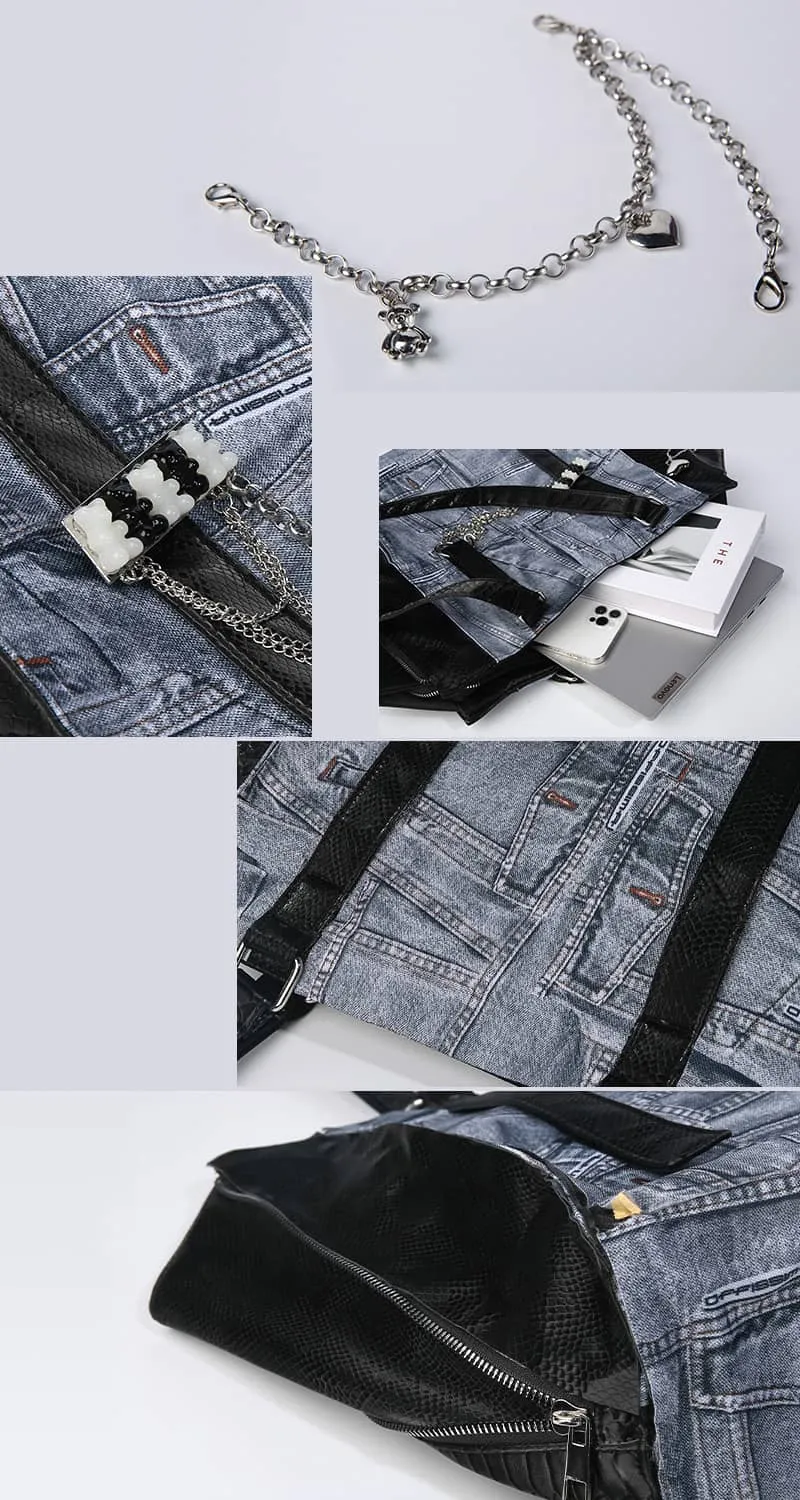 Large-capacity denim print tote bag