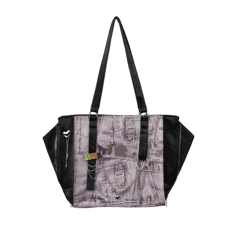 Large-capacity denim print tote bag