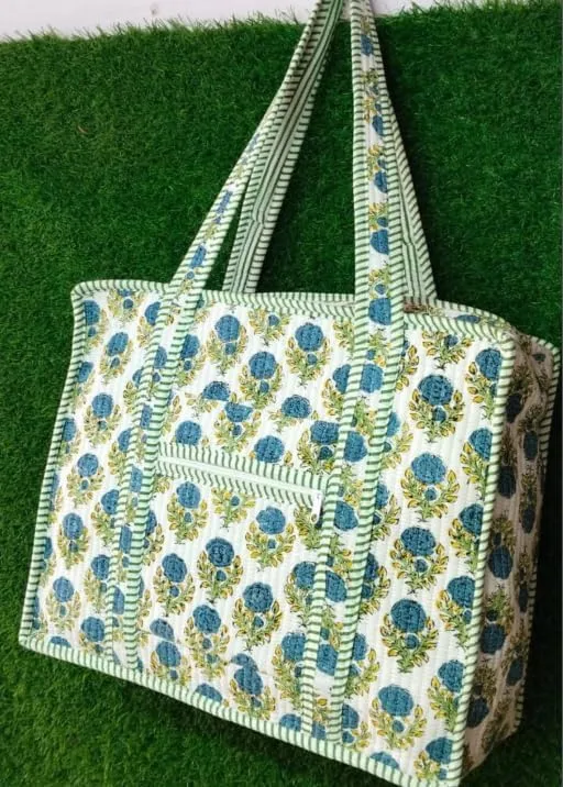 Large Indian Handmade Cotton Quilted Tote Bags Decorative Block Print Shoulder Bag Women Travel Bag Floral Print Weekender