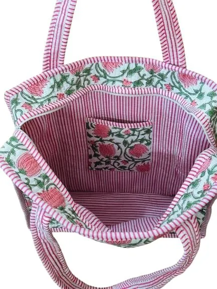 Large Indian Handmade Cotton Quilted Tote Bags Decorative Block Print Shoulder Bag Women Travel Bag Floral Print Weekender