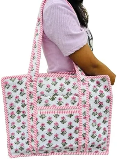 Large Indian Handmade Cotton Quilted Tote Bags Decorative Block Print Shoulder Bag Women Travel Bag Floral Print Weekender