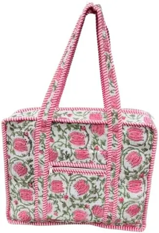 Large Indian Handmade Cotton Quilted Tote Bags Decorative Block Print Shoulder Bag Women Travel Bag Floral Print Weekender