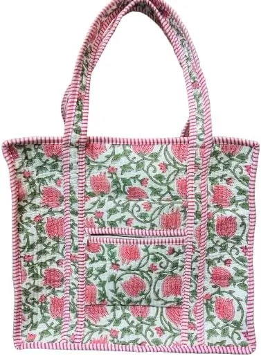 Large Indian Handmade Cotton Quilted Tote Bags Decorative Block Print Shoulder Bag Women Travel Bag Floral Print Weekender