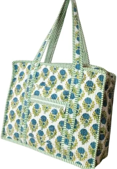 Large Indian Handmade Cotton Quilted Tote Bags Decorative Block Print Shoulder Bag Women Travel Bag Floral Print Weekender
