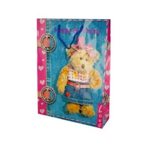Large Pink Happy Birthday Teddy Bear Gift Bag ( Case of 24 )
