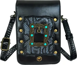Larswon Renaissance Bag, Medieval Leather Belt Bag - Crossbody, Cell Phone Pouch (Black - Gem)