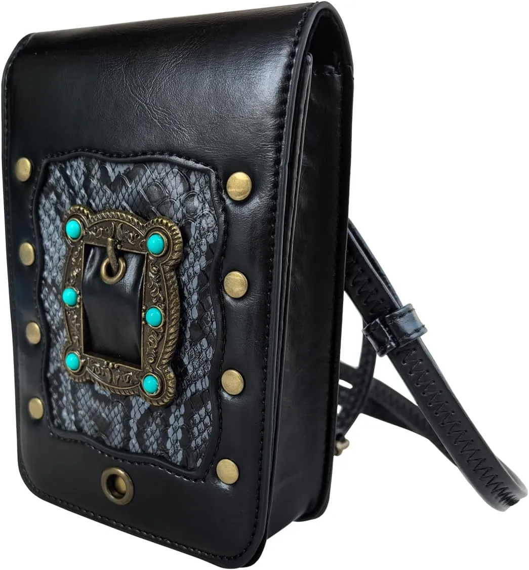 Larswon Renaissance Bag, Medieval Leather Belt Bag - Crossbody, Cell Phone Pouch (Black - Gem)