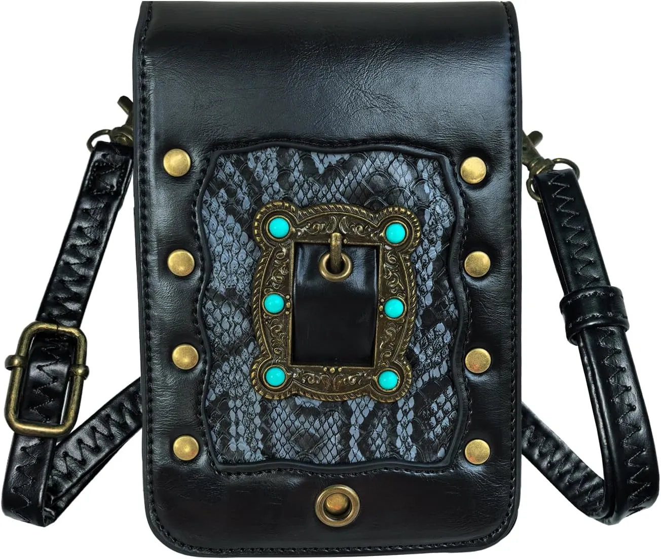 Larswon Renaissance Bag, Medieval Leather Belt Bag - Crossbody, Cell Phone Pouch (Black - Gem)
