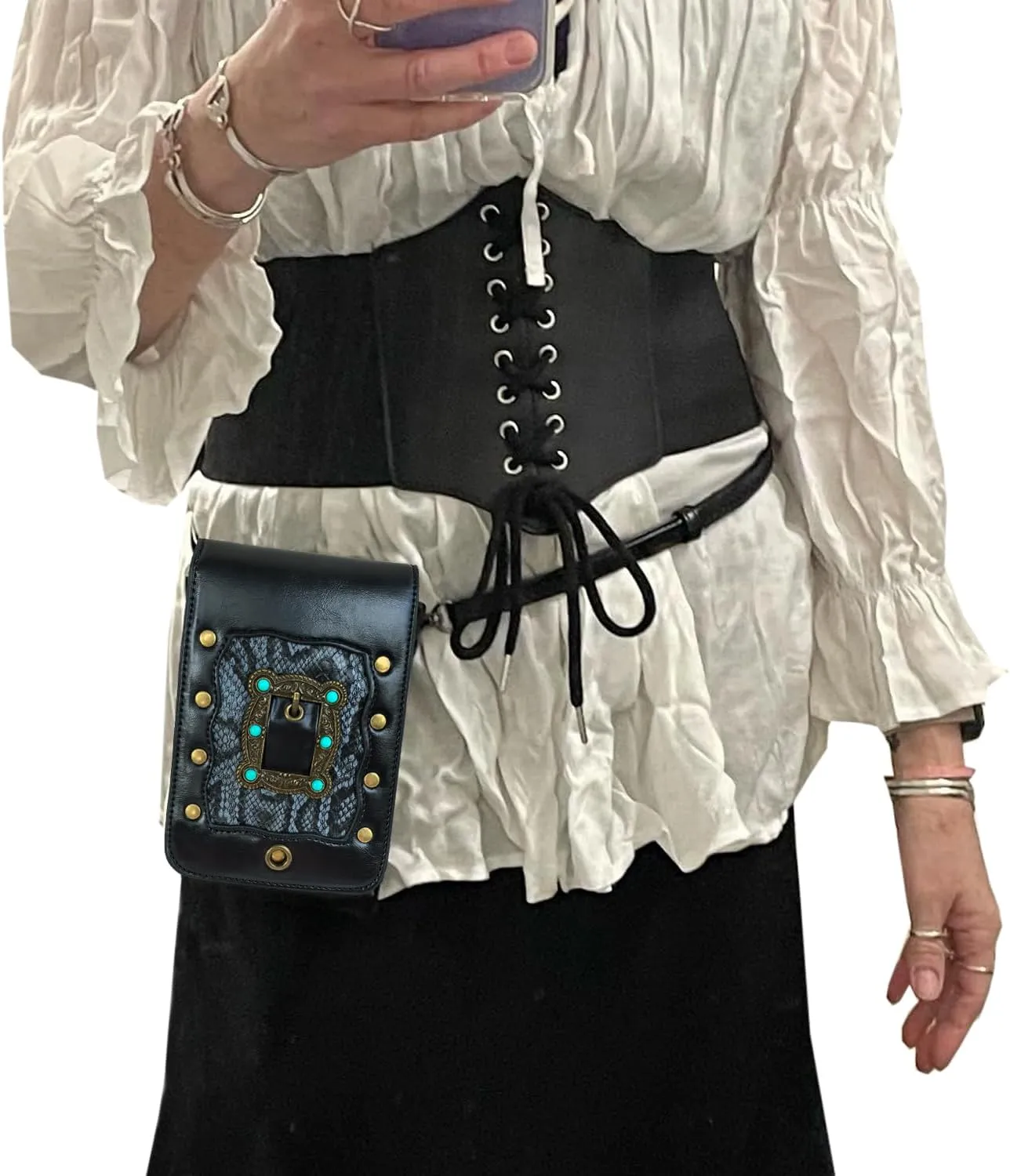 Larswon Renaissance Bag, Medieval Leather Belt Bag - Crossbody, Cell Phone Pouch (Black - Gem)