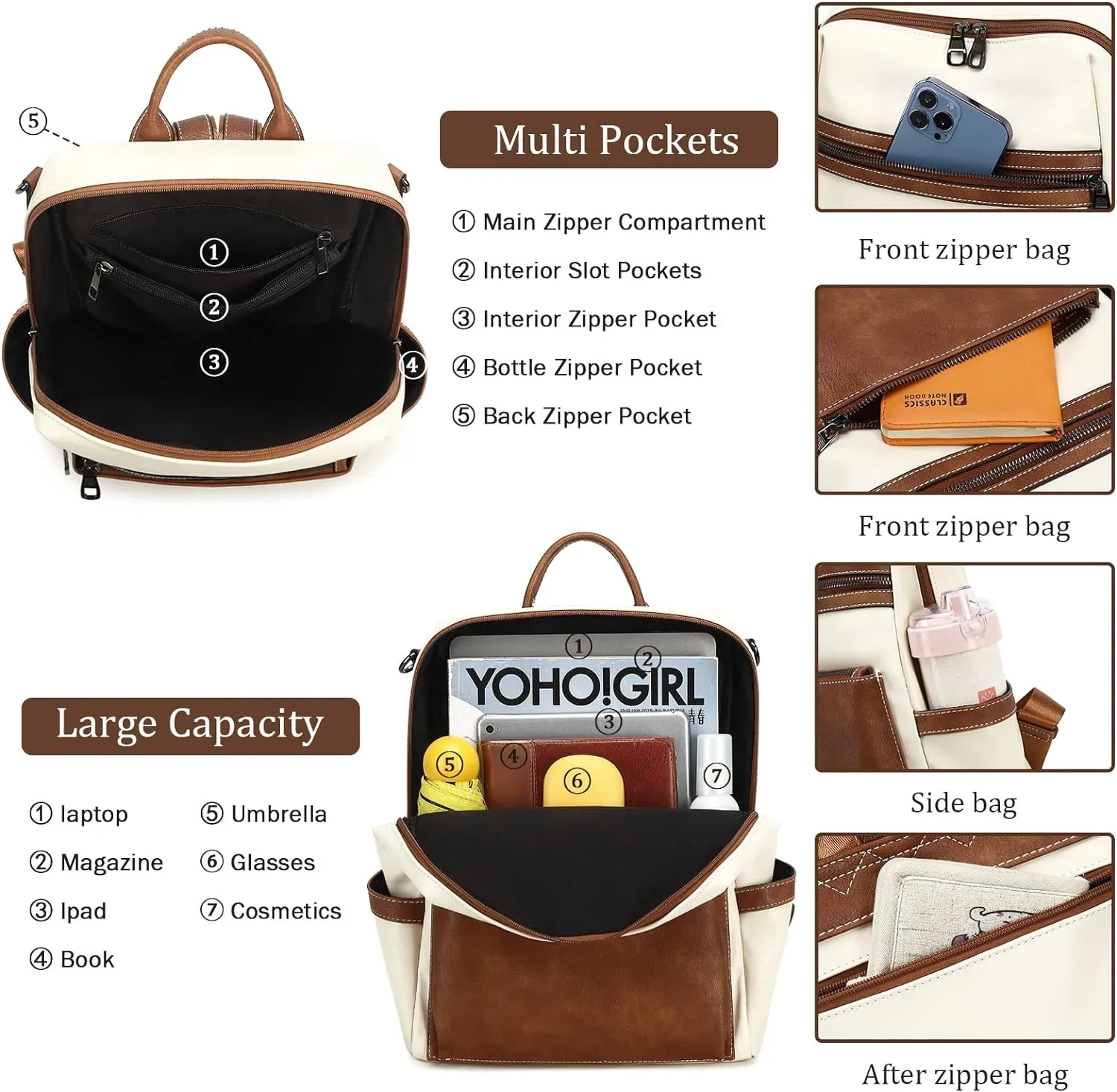 Leather Backpack Purse for Women Designer Ladies Shoulder Bag Fashion Faux Work Travel Handbags, beige, brown