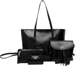 Leather Casual Women Handbag 4 Piece Set Shoulder Bags Tote Holder Shopper Purse Bags Rolling Tote Bag