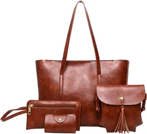 Leather Casual Women Handbag 4 Piece Set Shoulder Bags Tote Holder Shopper Purse Bags Rolling Tote Bag