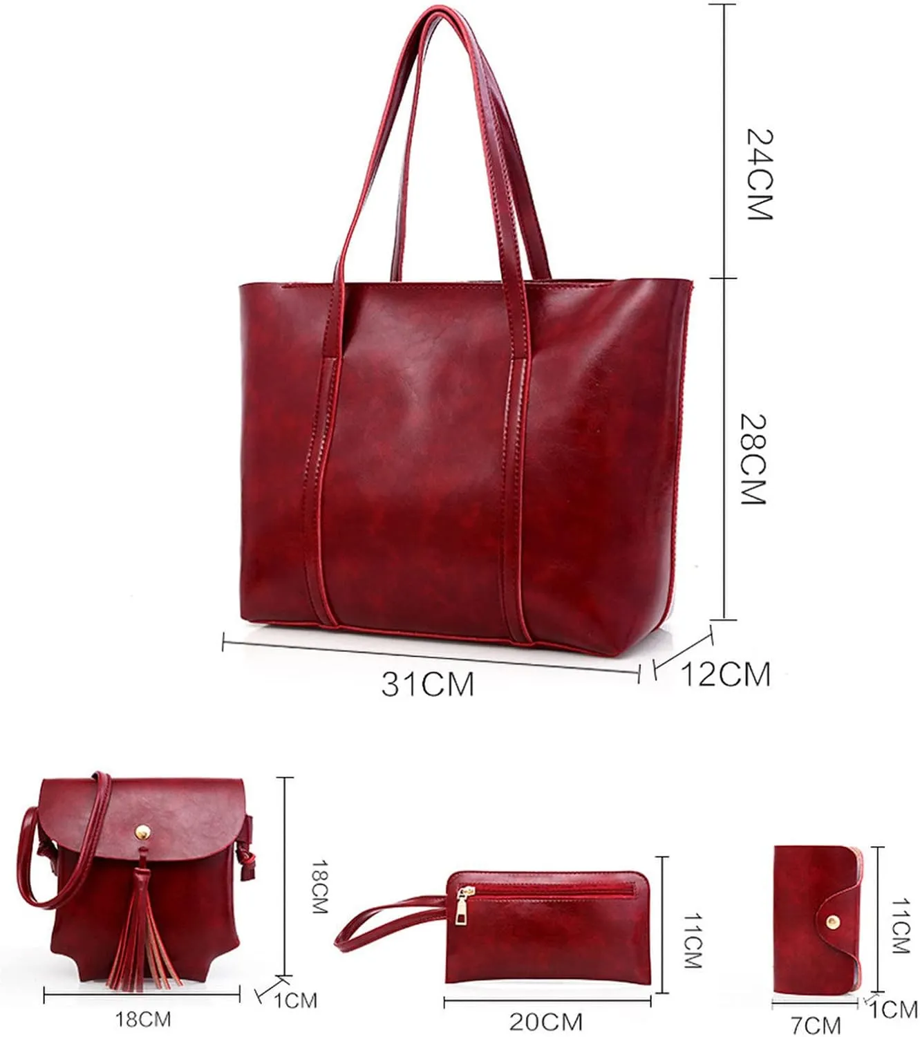 Leather Casual Women Handbag 4 Piece Set Shoulder Bags Tote Holder Shopper Purse Bags Rolling Tote Bag