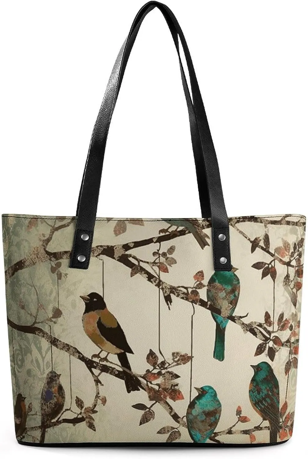 Leather Lady's Handbag,Birds on Branches Print Work Handbags,Tote Bags for Women,Shoulder Hobo Handbags,Casual Tote Bag
