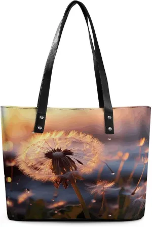 Leather Lady's Handbag,Dandelion Flower Print Work Handbags,Tote Bags for Women,Shoulder Hobo Handbags,Casual Tote Bag