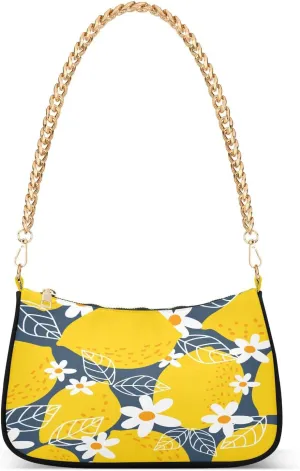 Lemon Fruits and white floral Shoulder Handbags for Women Travel Hobo Tote Handbag Women Gold Chain Shoulder Bags Purse with Zipper Closure