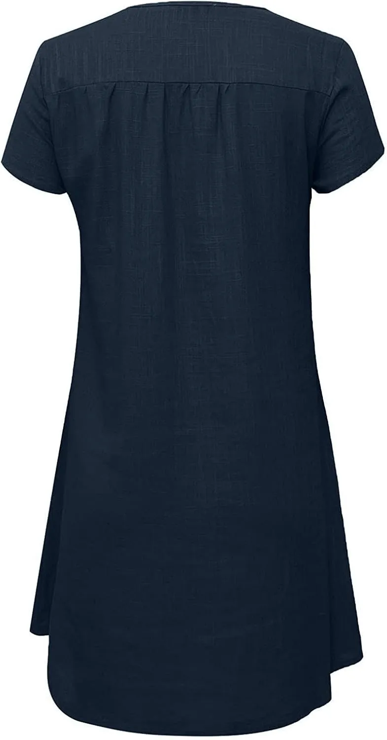 LFEOOST Womens Summer Dresses 2022 Casual Solid Short Sleeve V Neck Shift Dress Plus Size Cotton Linen Vacation Mini Dress