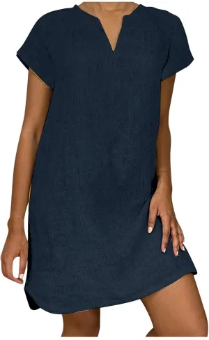 LFEOOST Womens Summer Dresses 2022 Casual Solid Short Sleeve V Neck Shift Dress Plus Size Cotton Linen Vacation Mini Dress