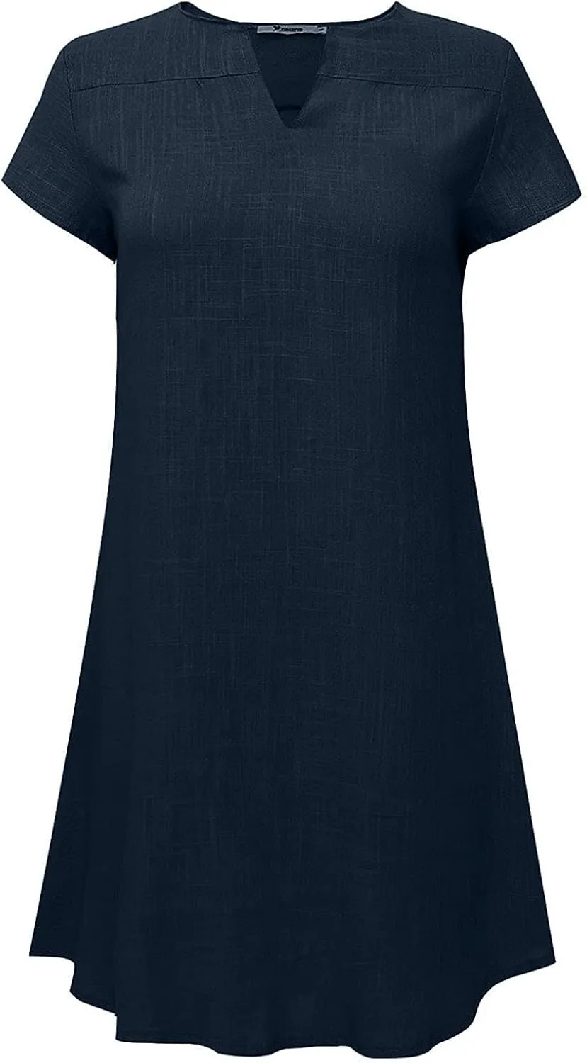 LFEOOST Womens Summer Dresses 2022 Casual Solid Short Sleeve V Neck Shift Dress Plus Size Cotton Linen Vacation Mini Dress