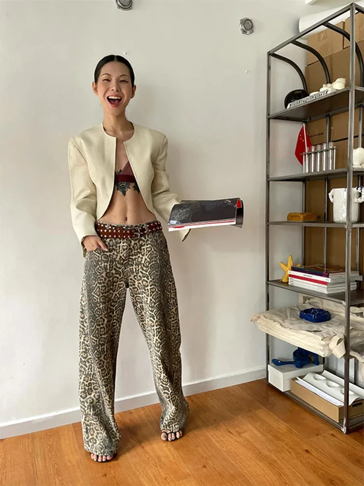 LIZAKOSHT  -  American Leopard Print Jeans Women Y2K Retro Street Hot Girl Loose Korean Style Casual High Waist Straight Denim Trouser