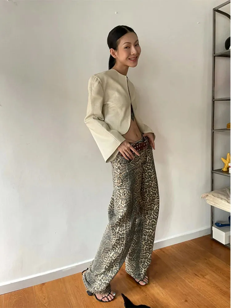 LIZAKOSHT  -  American Leopard Print Jeans Women Y2K Retro Street Hot Girl Loose Korean Style Casual High Waist Straight Denim Trouser