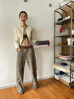 LIZAKOSHT  -  American Leopard Print Jeans Women Y2K Retro Street Hot Girl Loose Korean Style Casual High Waist Straight Denim Trouser