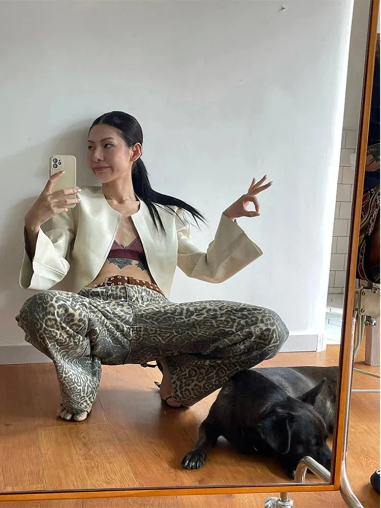 LIZAKOSHT  -  American Leopard Print Jeans Women Y2K Retro Street Hot Girl Loose Korean Style Casual High Waist Straight Denim Trouser