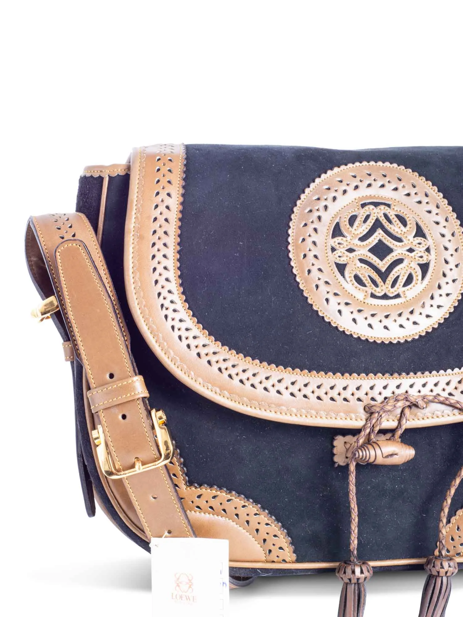 Loewe Anagram Logo Vintage Suede Leather Tassel Flap Messenger Bag Black Brown