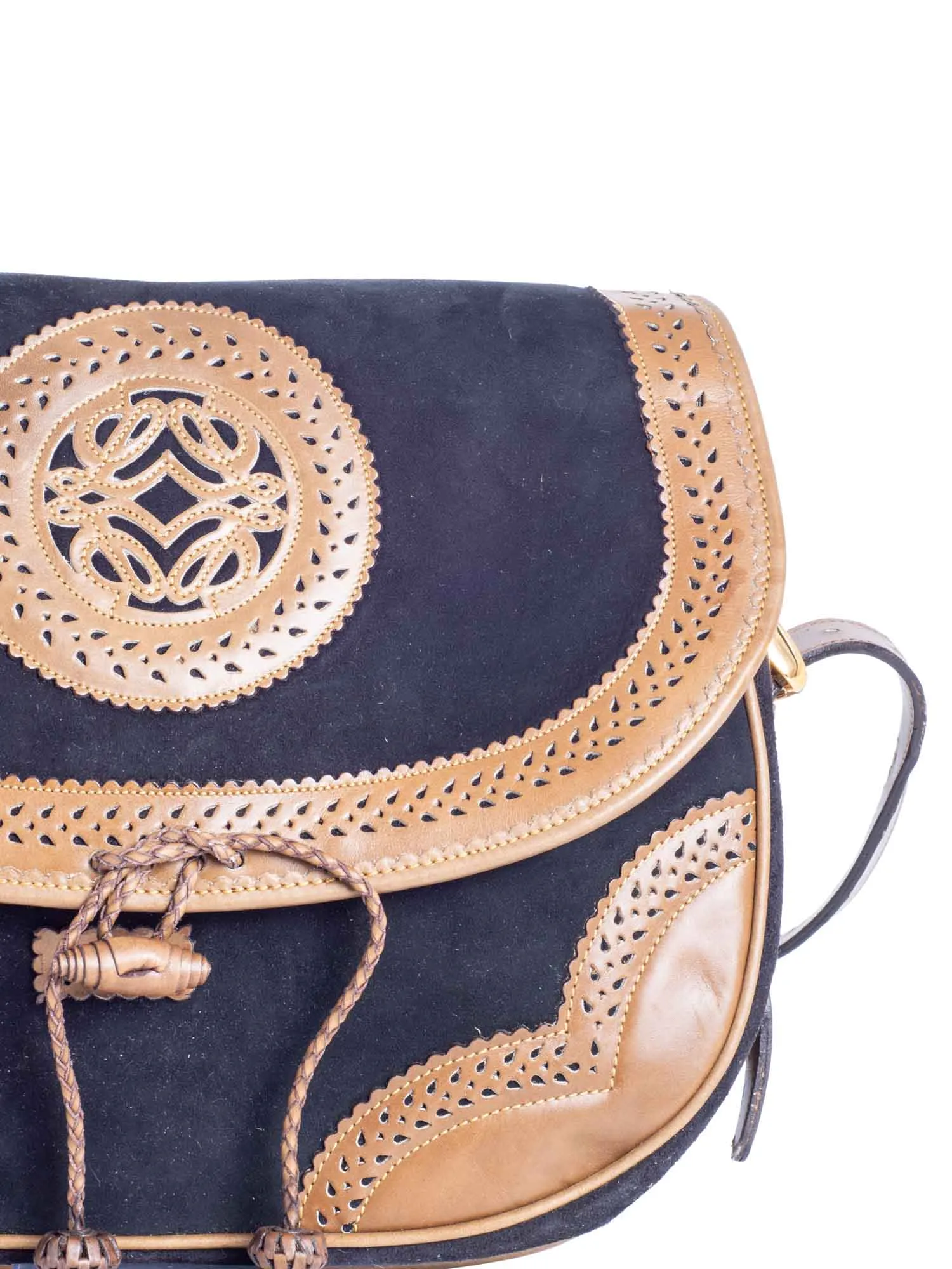 Loewe Anagram Logo Vintage Suede Leather Tassel Flap Messenger Bag Black Brown