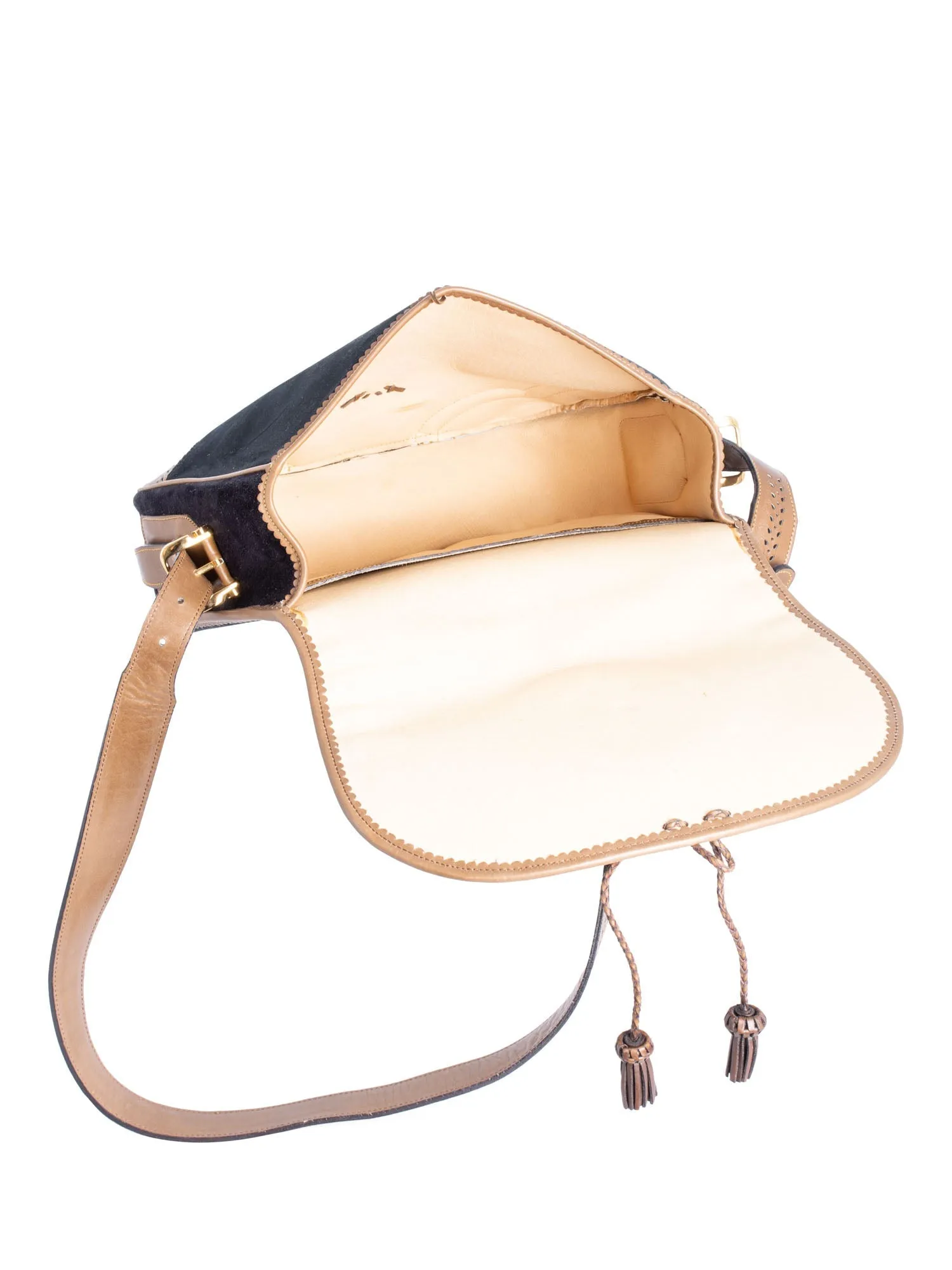 Loewe Anagram Logo Vintage Suede Leather Tassel Flap Messenger Bag Black Brown