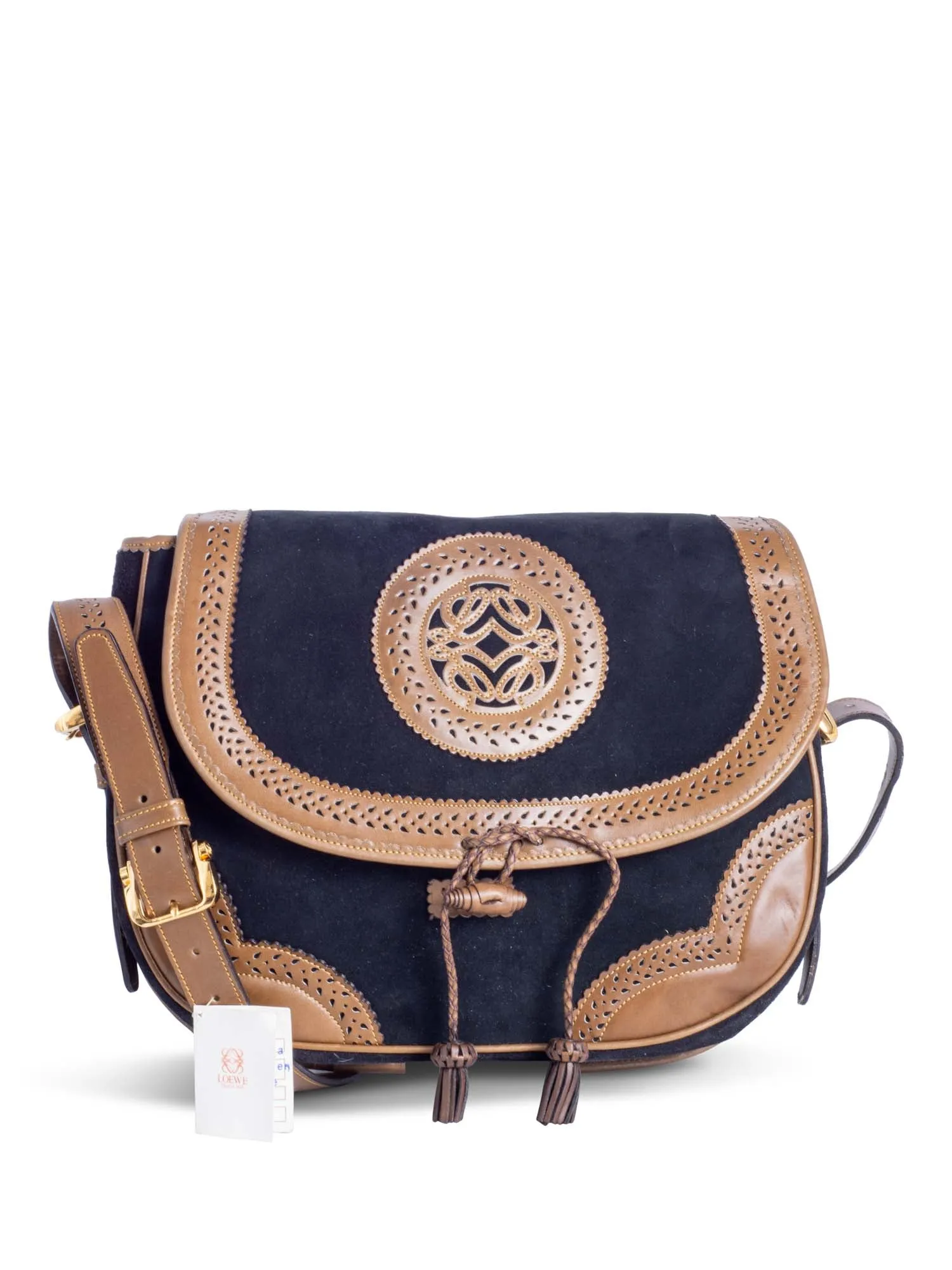 Loewe Anagram Logo Vintage Suede Leather Tassel Flap Messenger Bag Black Brown