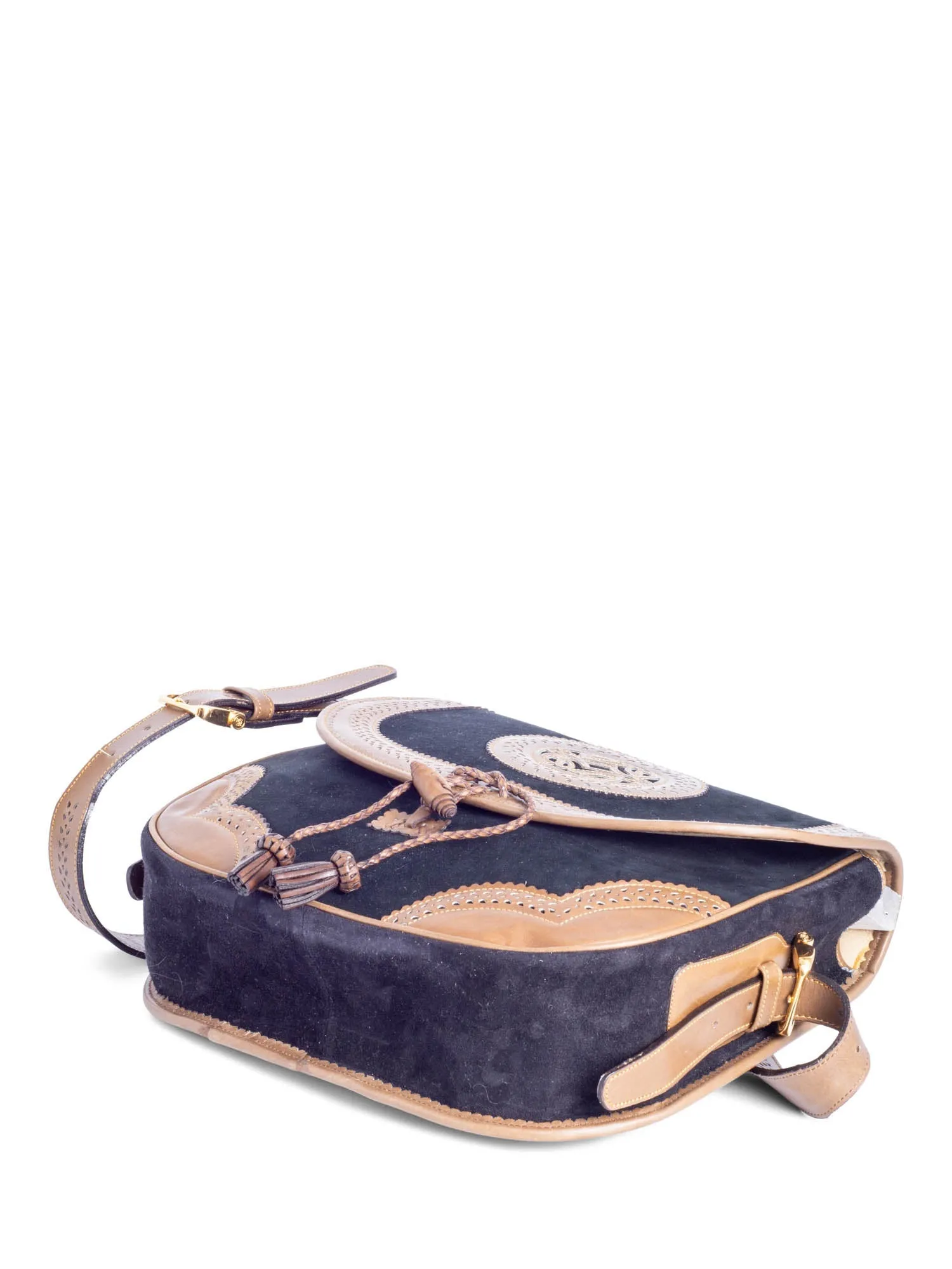 Loewe Anagram Logo Vintage Suede Leather Tassel Flap Messenger Bag Black Brown