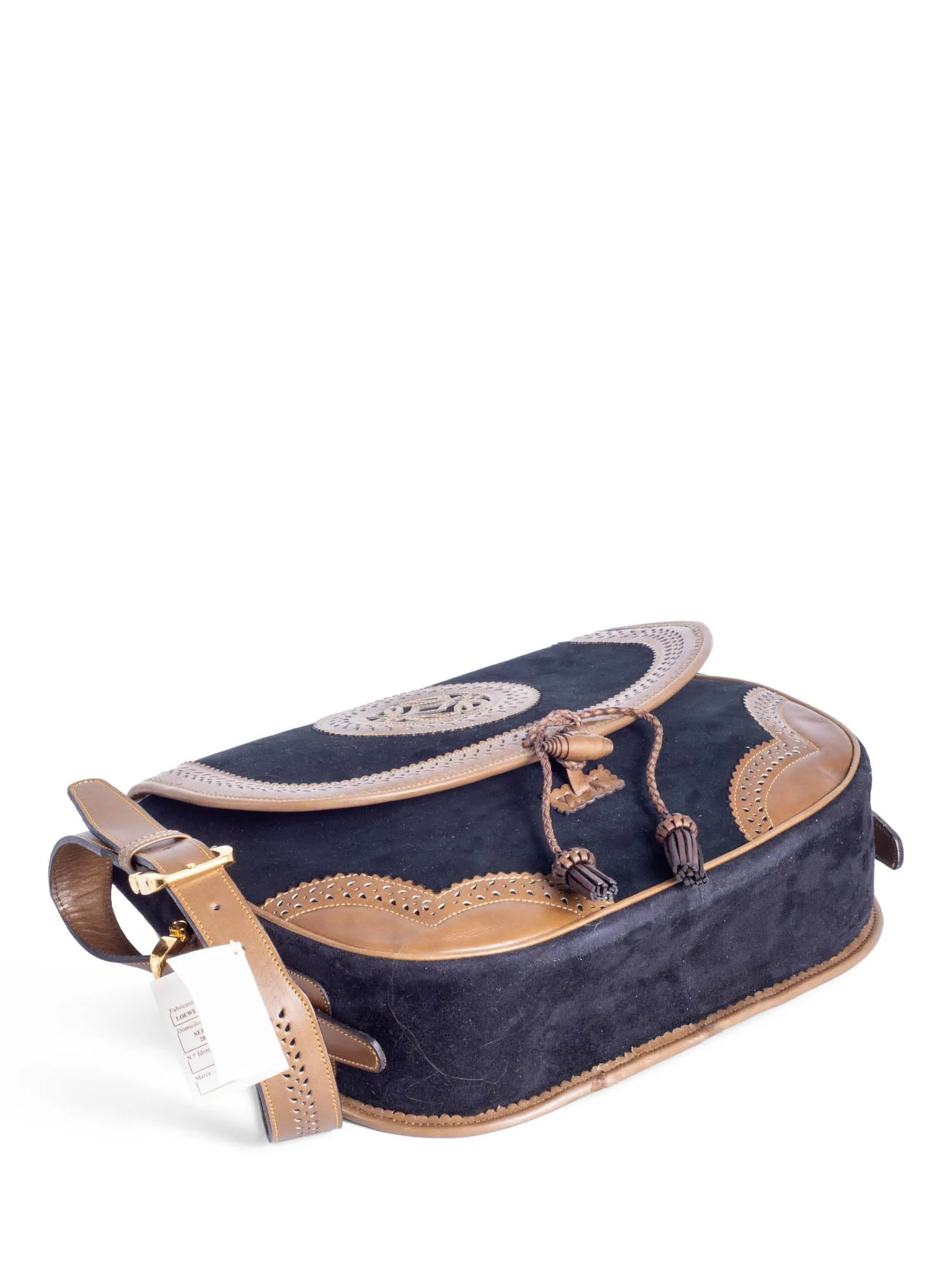 Loewe Anagram Logo Vintage Suede Leather Tassel Flap Messenger Bag Black Brown