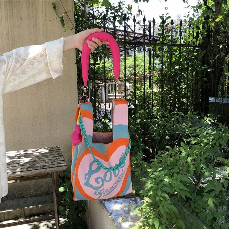 Love and Heart Knit Bags with Shoulder Strap Set