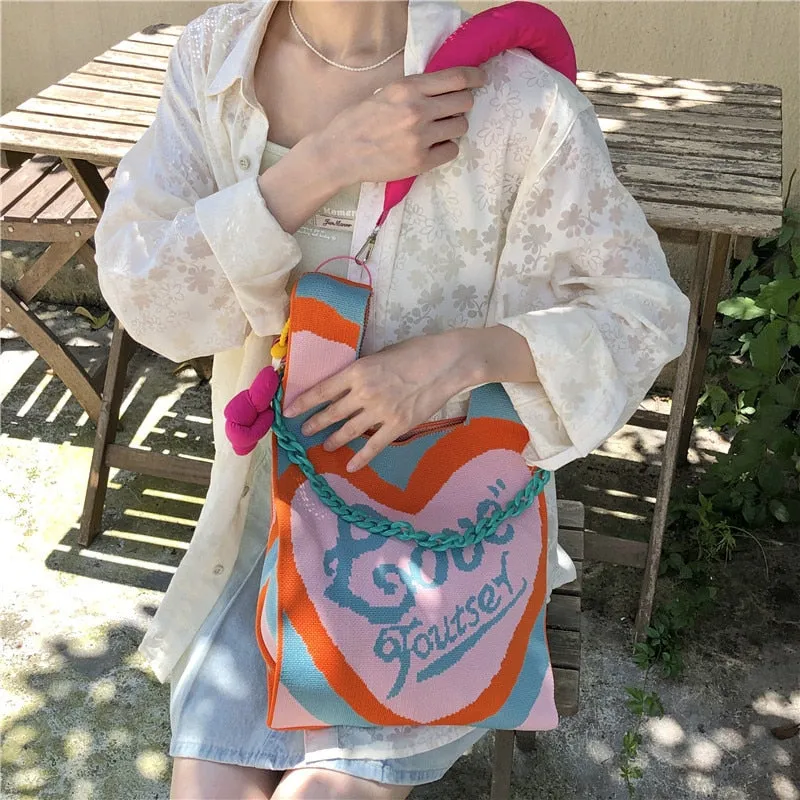 Love and Heart Knit Bags with Shoulder Strap Set
