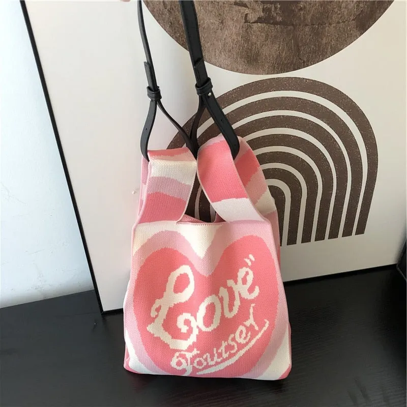 Love and Heart Knit Bags with Shoulder Strap Set